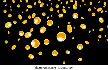 Falling flying gold coins money from the top golden rain. On a black background. Jackpot or success concept. Vector illustration isolated