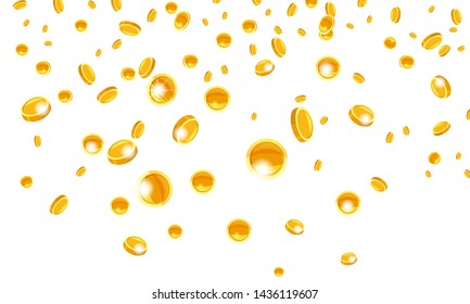 Falling flying gold coins money from the top golden rain. On a white background. Jackpot or success concept. Vector illustration isolated