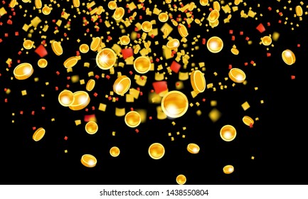 Falling flying gold coins with tinsel money from the top golden rain. On a black background. Jackpot or success concept. Vector illustration isolated