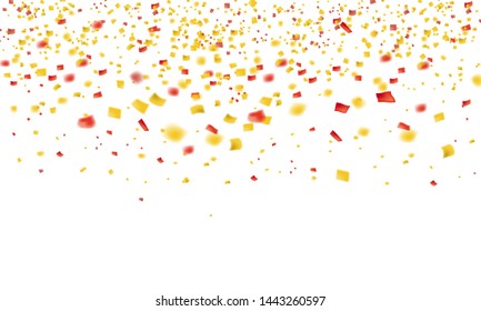 Falling flying gold confetti and tinsel from the top golden rain. On a white background. Jackpot or success concept. Vector illustration isolated