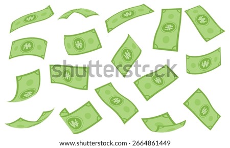 Falling and flying Korean won banknotes, flat vector illustration of won money bills, green paper notes on white background, perfect for finance, economy, banking, and investment graphics