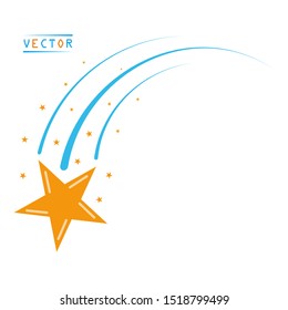 A falling flying star, a comet with a tail and Stardust. Vector flat style icon. Isolated background.