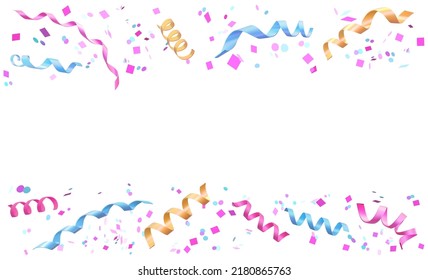 ​​Colorful falling foil confetti. Isolated carnival decorations border on white background. 3d realistic vector illustration for anniversary, birthday, sale and promotion, party design element.