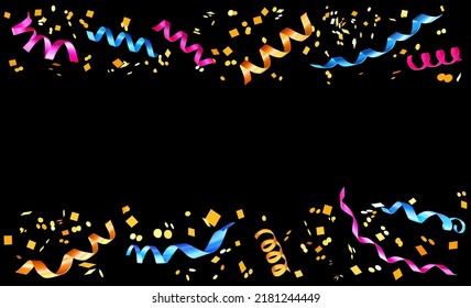 ​​Colorful falling foil confetti. Isolated carnival decorations border on black background. 3d realistic vector illustration for anniversary, birthday, sale and promotion, party design element.