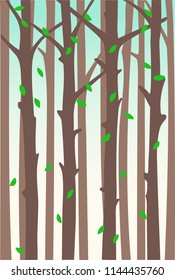 Falling foliage against the background of tree trunks. Vector backdrop