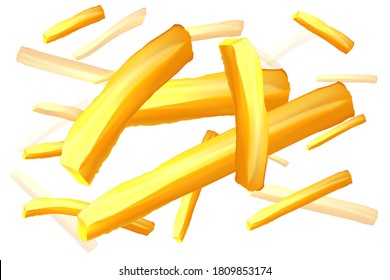 Falling french fries. Fast food banner. 3d realistic snack. Stock vector illustration isolated on white background.