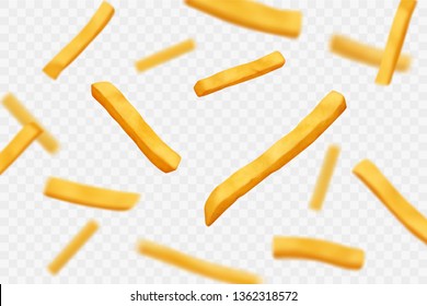 Falling French fries on isolated background.