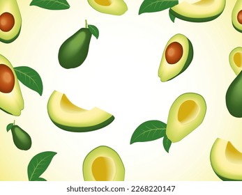 Falling fresh Avocado with Green Leaves. Flying slices of Avocado.