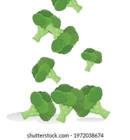 Falling fresh broccoli on white background. Vegetables rich of minerals and vitamins. Delicious and healthy broccoli vector illustrations. Vector design elements.  