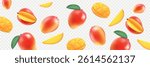 Falling fresh mango fruits 3D realistic, whole and pieces on transparent background with green leaves. Banner mockup