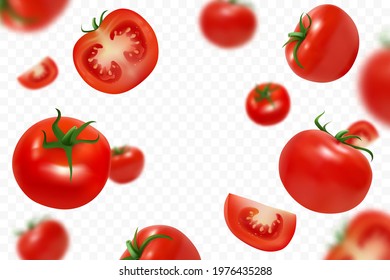 Falling fresh ripe tomatoes isolated on transparent background. Flying defocusing red tomato. Close-up juicy vegetables. Applicable for ketchup, juice advertising. Vector illustration.
