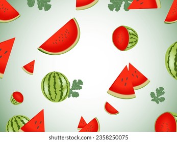 Falling fresh Watermelon with Green Leaves. Flying slices of Watermelon.