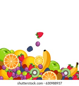 Falling fruit into a pile at the bottom with apples oranges orange halfs raspberries kiei fruit blackberries grapes & strawberries.