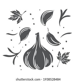 Falling garlic with herbs and spices vector cut glyph illustration. Cooking spicy food concept.