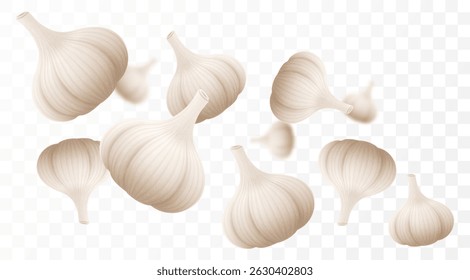 Falling garlic, isolated on transparent background, selective focus. Flying garlic cloves with blurry effect. Can be used for advertising, packaging, banner, poster. Realistic 3d vector illustration