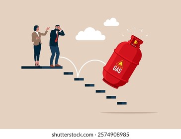 Falling gas price. Gas cylinder is rolling  the stairs into down the abyss. Unhappy business people is afraid  risk of bankruptcy and losses. Volatility and collapse on gas. Vector illustration