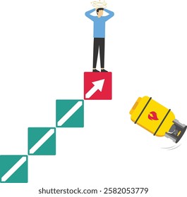 Falling gas price. Gas cylinder is rolling the stairs into down the abyss. Unhappy business people is afraid risk of bankruptcy and losses. Volatility and collapse on gas. Vector illustration