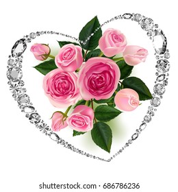 Falling Gems Background. Rose. Mothers Day. Rose Flowers. Vector illustration. Vector illustration. Diamond. heart