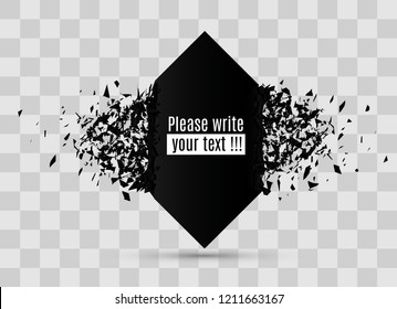 Falling Geometric Banners. Abstract black glass explosion. Forms of compression and circular destruction. The effect of particles. Vector illustration. A black banner is falling into particles.