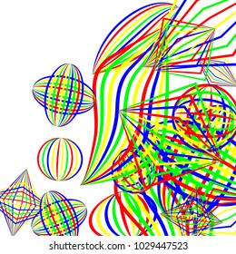 Falling geometric figures. Abstract background with color striped figures for card or poster. Background with falling color striped geometric figures for your design. Vector texture.