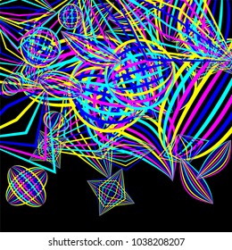 Falling geometric figures. Abstract background with color striped figures for card or poster. Background with falling colorful geometric figures for your design. Vector texture.

