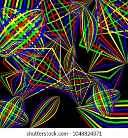 Falling geometric figures. Abstract background with color striped figures for card or poster. Background with falling colorful geometric figures for your design. Vector texture.
