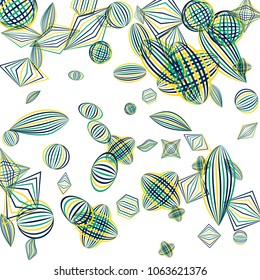 Falling geometric figures. Abstract background with color striped figures for mobile application or banner. Background with falling color striped geometric figures for your design. Vector texture.
