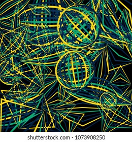 Falling geometric figures. Abstract background with color striped figures for card or poster. Background with falling colorful geometric figures for your design. Vector texture.
