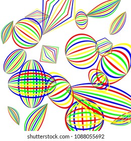 Falling geometric figures. Abstract background with color striped figures for banner or print. Background with falling color striped geometric figures for your design. Vector texture.