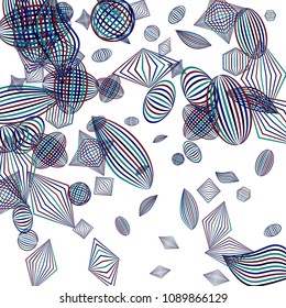 Falling geometric figures. Abstract background with color striped figures for card or poster. Background with falling color striped geometric figures for your design. Vector texture.