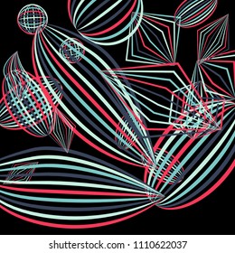 Falling geometric figures. Abstract background with color striped figures for card or poster. Background with falling colorful geometric figures for your design. Vector texture.
