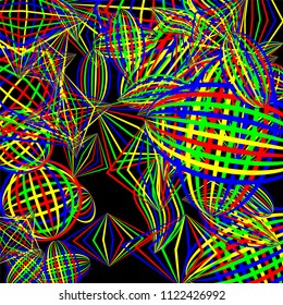 Falling geometric figures. Abstract background with color striped figures for print or banner. Background with falling colorful geometric figures for your design. Vector texture.
