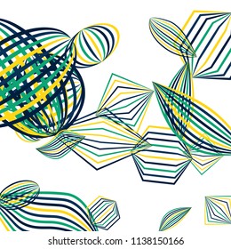 Falling geometric figures. Abstract background with color striped figures for card or poster. Background with falling color striped geometric figures for your design. Vector texture.