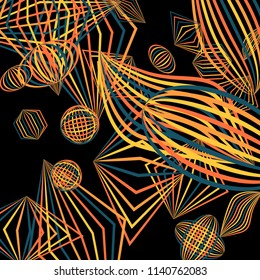 Falling geometric figures. Abstract background with color striped figures for print or banner. Background with falling colorful geometric figures for your design. Vector texture.
