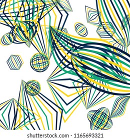 Falling geometric figures. Abstract background with color striped figures for banner or print. Background with falling color striped geometric figures for your design. Vector texture.
