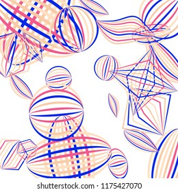 Falling geometric figures. Abstract background with color striped figures for card or poster. Background with falling color striped geometric figures for your design. Vector texture.