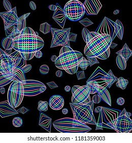 Falling geometric figures. Abstract background with color striped figures for card or poster. Background with falling colorful geometric figures for your design. Vector texture.