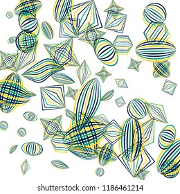 Falling geometric figures. Abstract background with color striped figures for banner or print. Background with falling color striped geometric figures for your design. Vector texture.