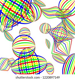 Falling geometric figures. Abstract background with color striped figures for card or poster. Background with falling color striped geometric figures for your design. Vector texture.