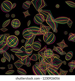 Falling geometric figures. Abstract background with color striped figures for poster or mobile application. Background with falling colorful geometric figures for your design. Vector texture.