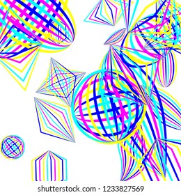 Falling geometric figures. Abstract background with color striped figures for card or poster. Background with falling color striped geometric figures for your design. Vector texture.