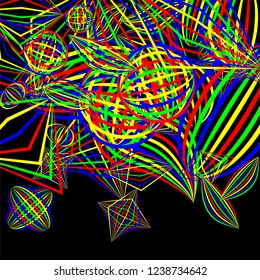 Falling geometric figures. Abstract background with color striped figures for poster or mobile application. Background with falling colorful geometric figures for your design. Vector texture.