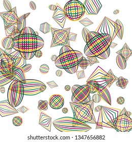 Falling geometric figures. Abstract background with color striped figures for card or poster. Background with falling color striped geometric figures for your design. Vector texture.