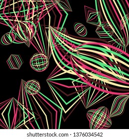 Falling geometric figures. Abstract background with color striped figures for card or poster. Background with falling colorful geometric figures for your design. Vector texture.