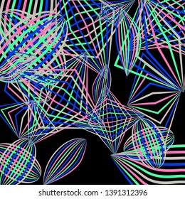 Falling geometric figures. Abstract background with color striped figures for card or poster. Background with falling colorful geometric figures for your design. Vector texture.