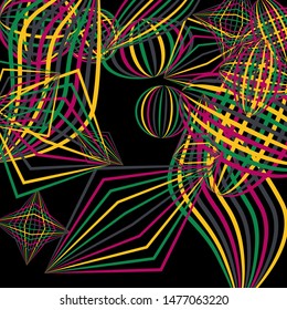 Falling geometric figures. Abstract background with color striped figures for poster or mobile application. Background with falling colorful geometric figures for your design. Vector texture.