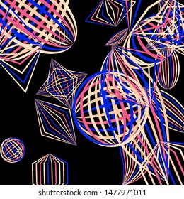Falling geometric figures. Abstract background with color striped figures for card or poster. Background with falling colorful geometric figures for your design. Vector texture.
