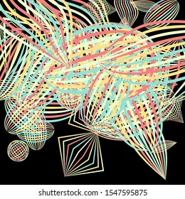 Falling geometric figures. Abstract background with color striped figures for print or banner. Background with falling colorful geometric figures for your design. Vector texture.