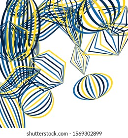 Falling geometric figures. Abstract background with color striped figures for card or poster. Background with falling color striped geometric figures for your design. Vector texture.
