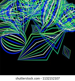 Falling geometric figures. Concept background with color striped figures for card or poster. Background with falling colorful geometric figures for your design. Vector texture.
